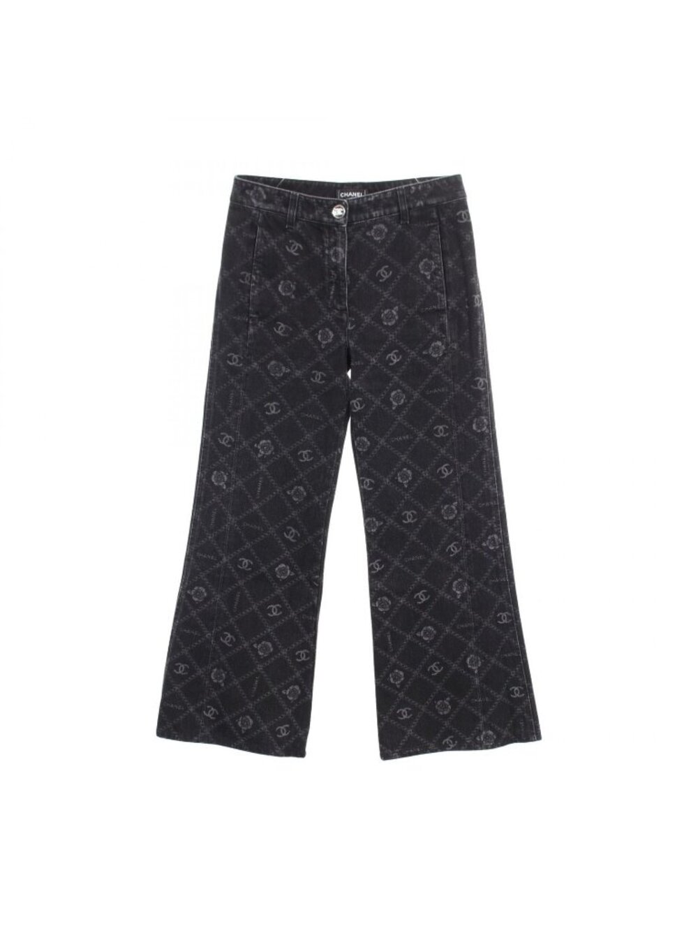 Chanel Denim Pants CC Logo Camellia Black Cotton